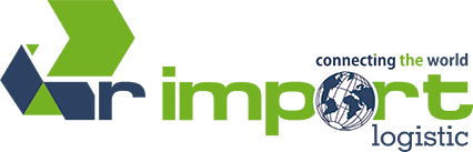 Logotipo da empresa de logística R Import Logístic, nas cores azul marinho e verde claro.